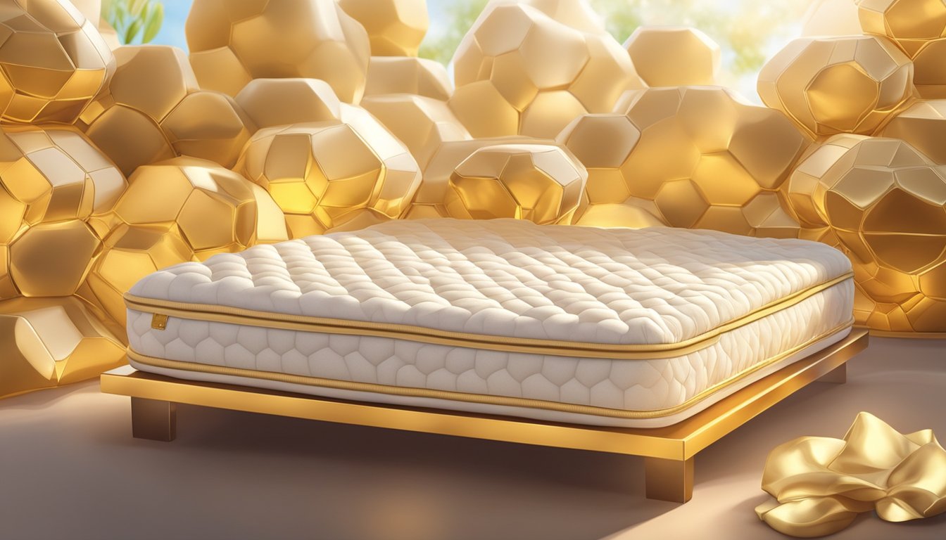 A golden honey mattress glistens under the warm sunlight, inviting and comforting, with its sweet aroma filling the air