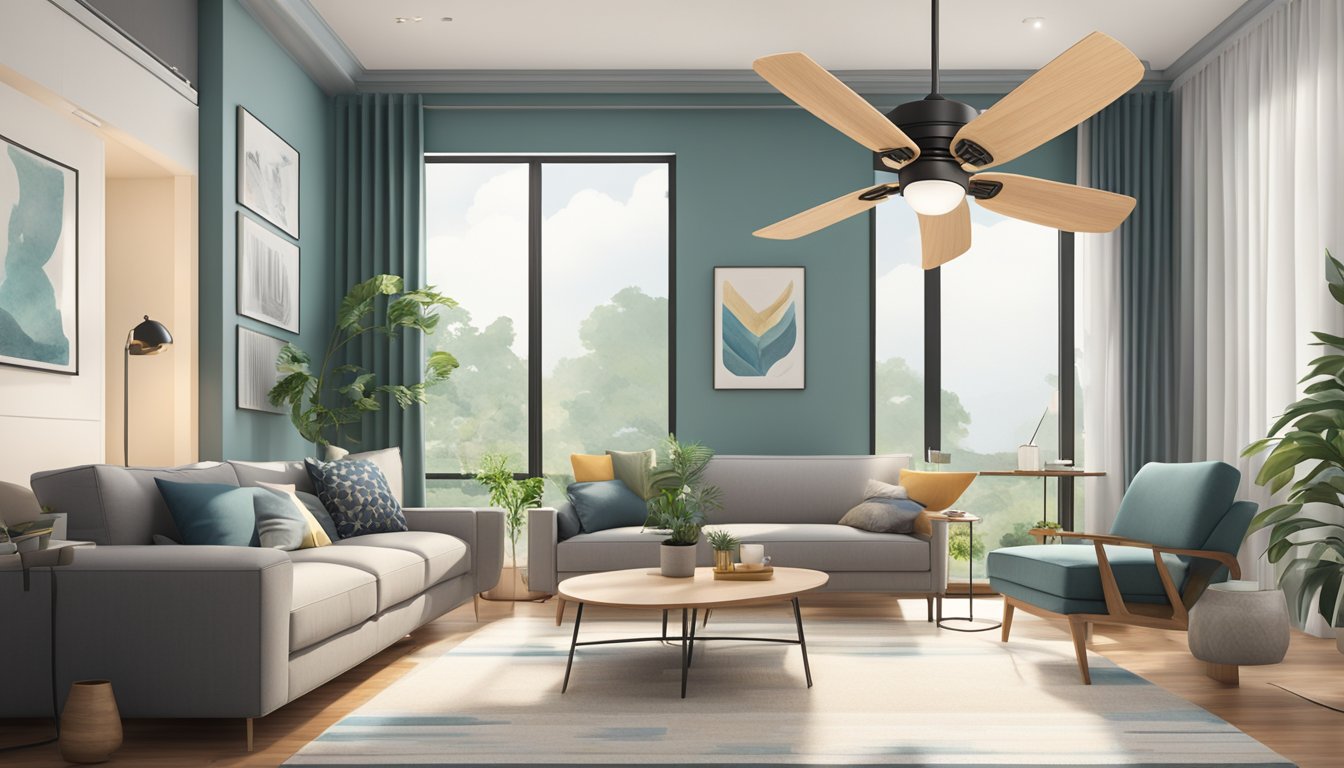 A corner ceiling fan spins in a modern Singaporean living room