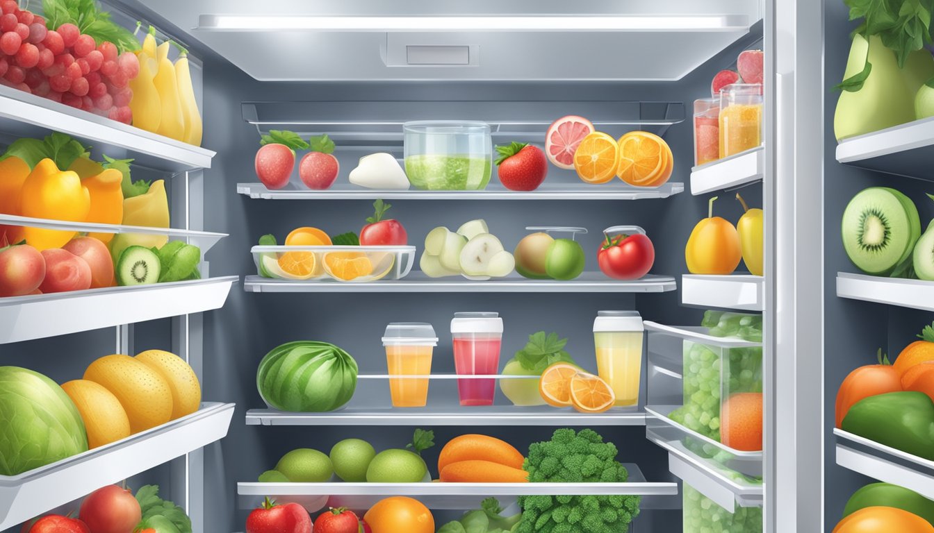 Fresh fruits, vegetables, dairy, and beverages neatly organized in a modern fridge with clear shelves and bright LED lighting