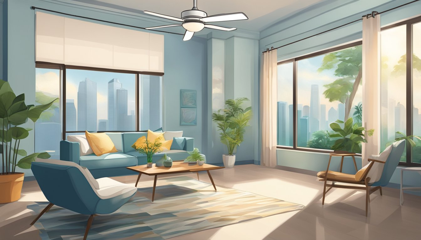 A room in Singapore with corner ceiling fans, casting cool breezes