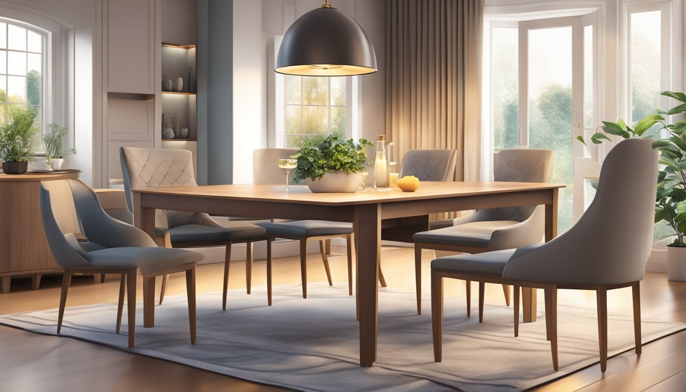 A beautifully set dining table with modern extendable features, surrounded by elegant chairs, and illuminated by soft, warm lighting