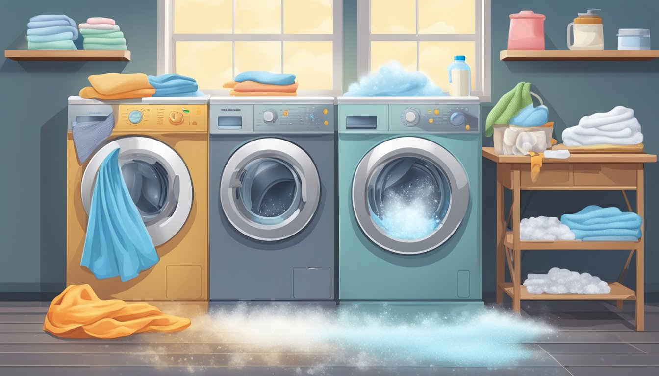 A laundry machine agitating clothes with suds and water, steam rising from the top as it works