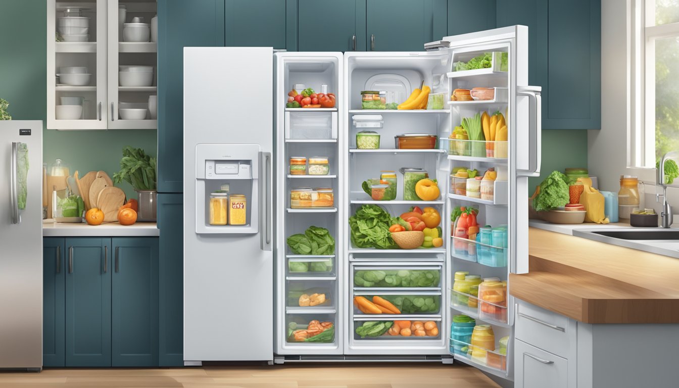 A fridge with "Frequently Asked Questions" sticker, surrounded by various food items, in a modern kitchen setting