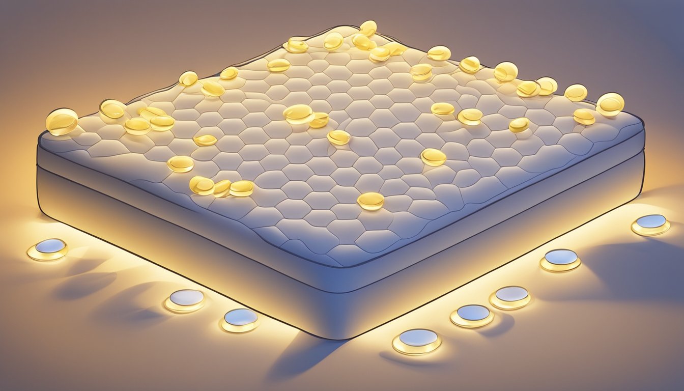 A honey mattress surrounded by question marks, with a spotlight shining on it