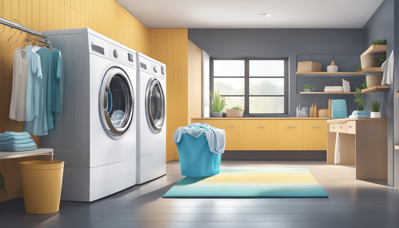 A laundry machine fills with water as clothes spin inside, detergent is added, and the machine begins its washing cycle