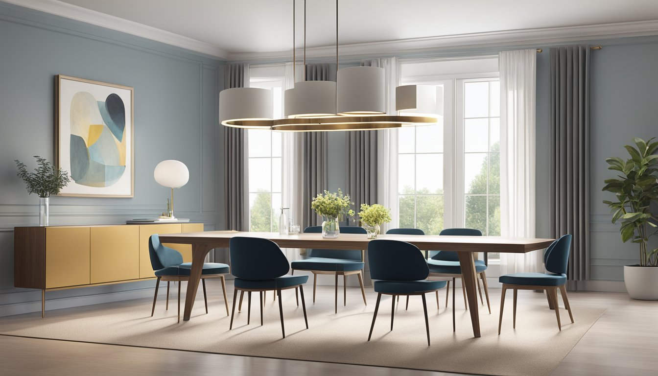 A modern, sleek extendable table in a spacious, well-lit dining room with clean lines and minimalist decor