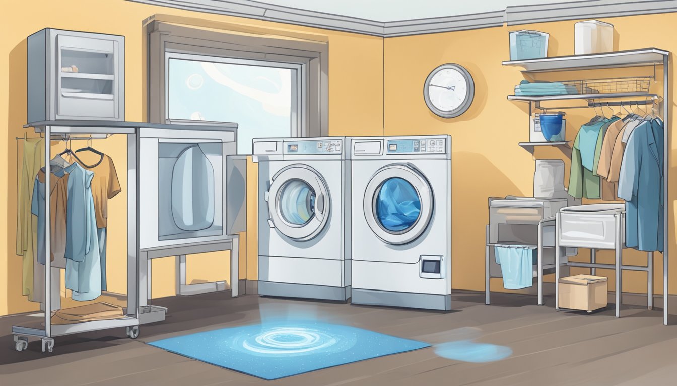 A laundry machine whirring with clothes inside, detergent being poured, and a digital display showing the cycle progress
