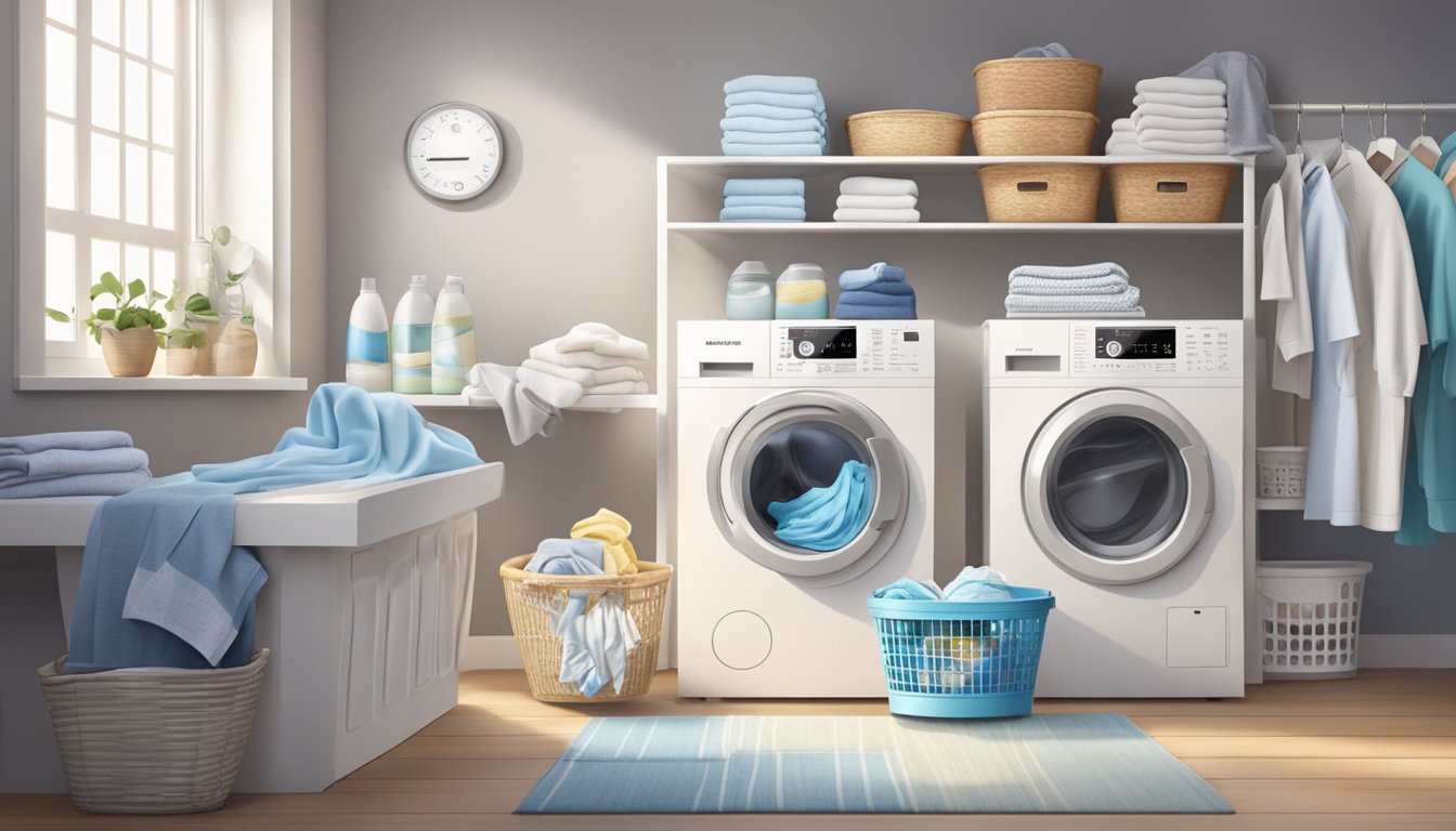 A laundry machine with a digital display and buttons, surrounded by baskets of clothes, detergent, and fabric softener