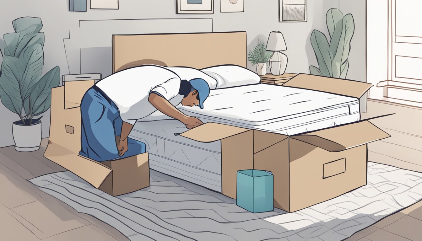 A person unboxing a mattress-in-a-box, carefully inspecting its features and support