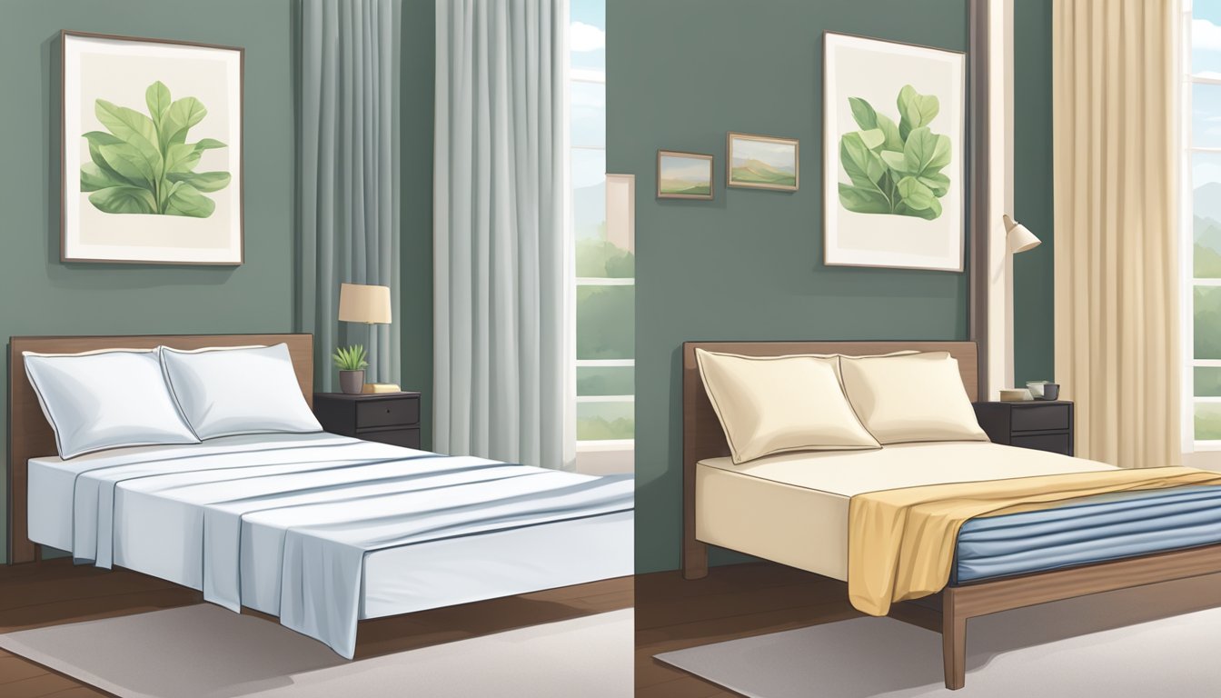 A flat sheet lies smooth and unfolded, while a fitted sheet stretches tightly over a mattress, showing the difference in their appearance