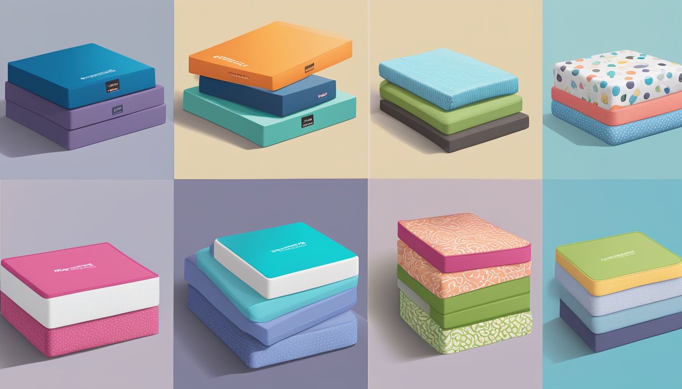 A stack of colorful, compact boxes labeled "Top Picks for Mattress in a Box" with various brand logos on the front