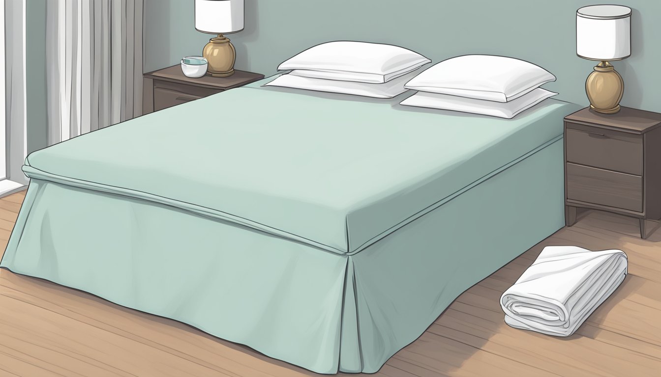 A flat sheet neatly folded next to a fitted sheet on a bed, showing the difference in their sizes and shapes