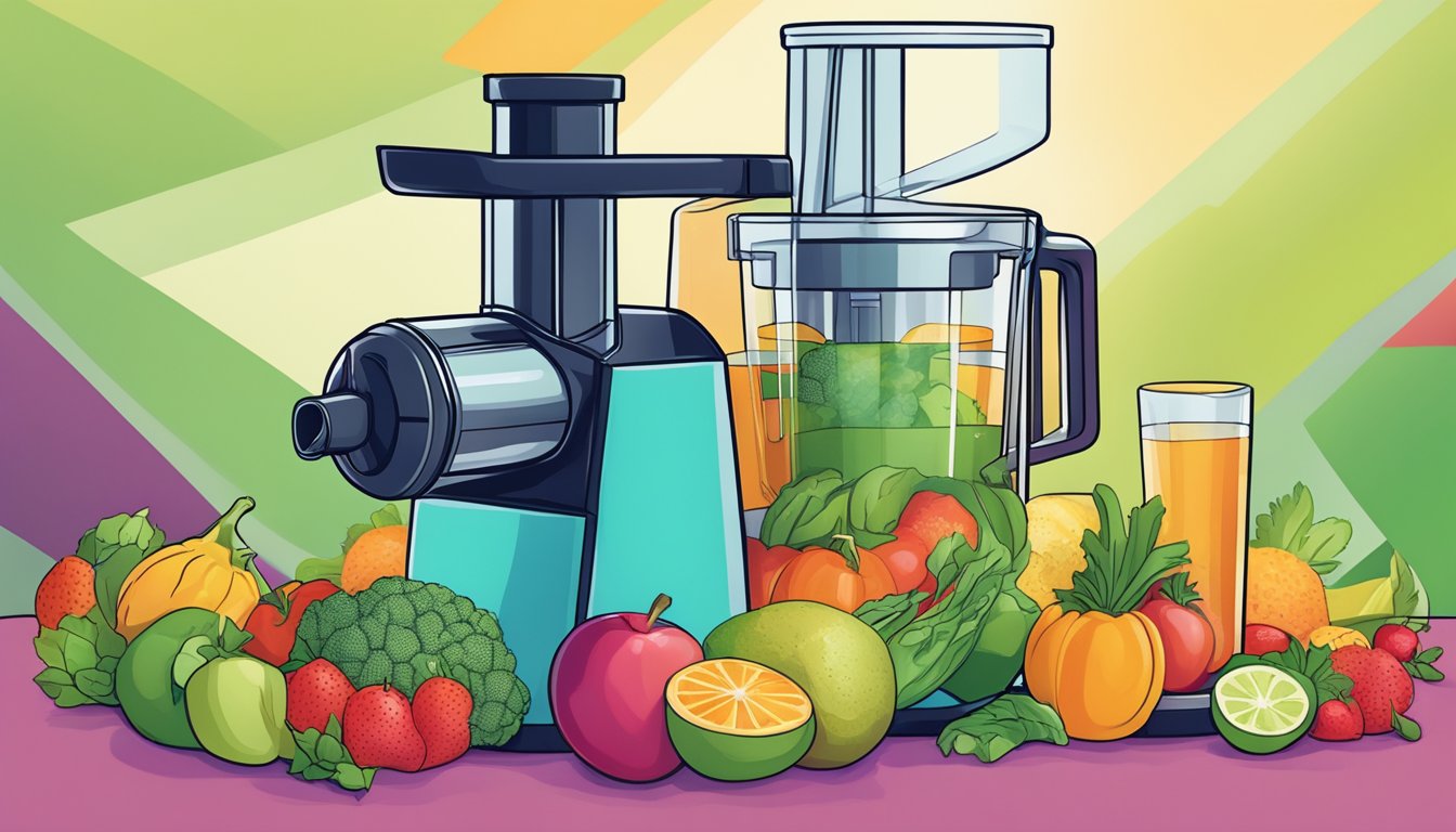 Fresh fruits and vegetables being fed into a sleek juicer, with the vibrant colors and textures of the produce being transformed into a healthy, nutrient-rich beverage