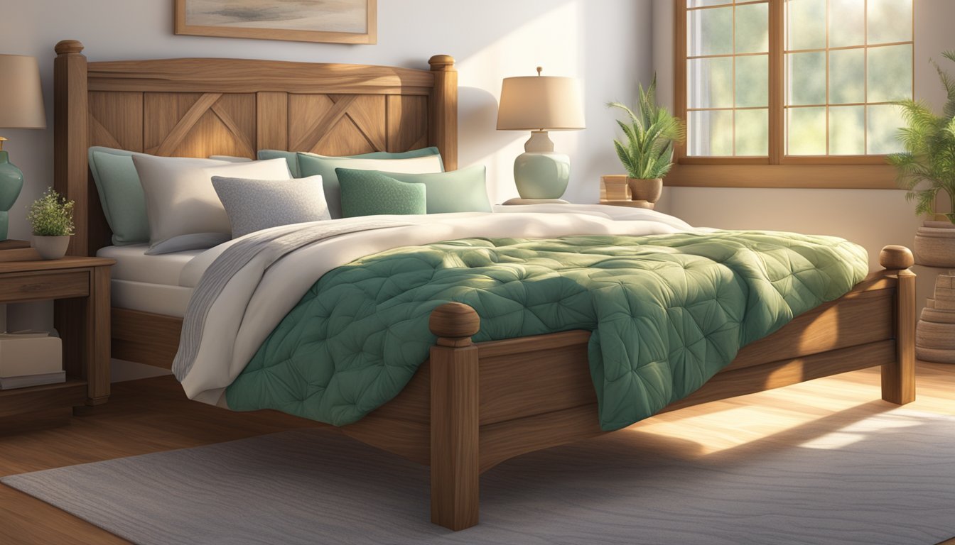 A wooden bed sits in a sunlit room, adorned with a cozy quilt and fluffy pillows