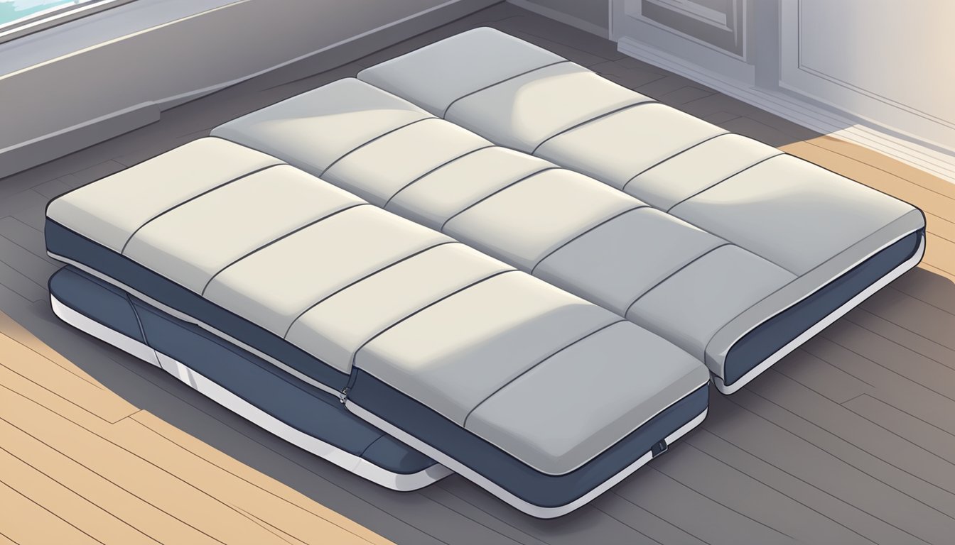 A foldable bed mattress lies flat on the floor, with its soft, cushioned surface invitingly open for use
