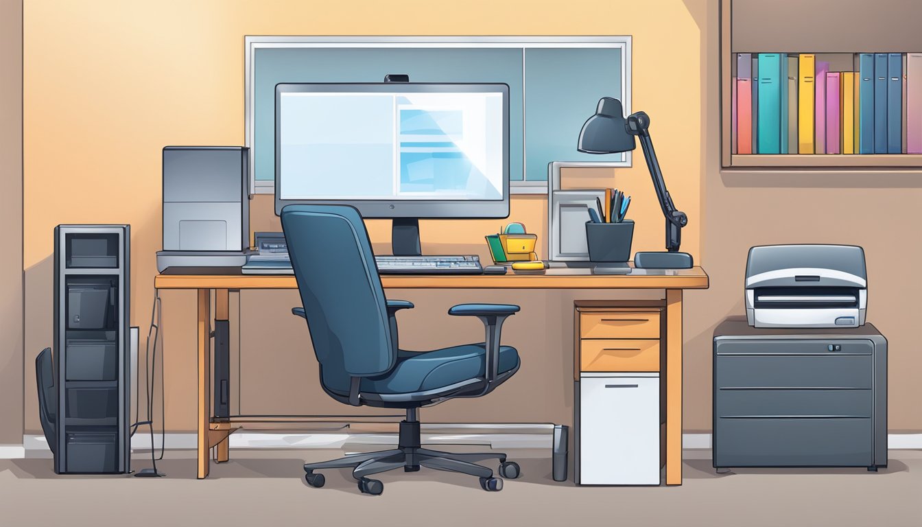 A desk with a computer, monitor, keyboard, and mouse. A comfortable chair, lamp, and bookshelf. A printer, phone, and file organizer on the desk