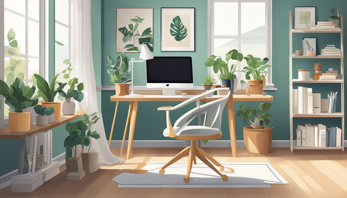 A well-lit, organized home office with a comfortable chair, adjustable desk, and ergonomic accessories. Plants and personal touches add warmth to the modern, clutter-free space