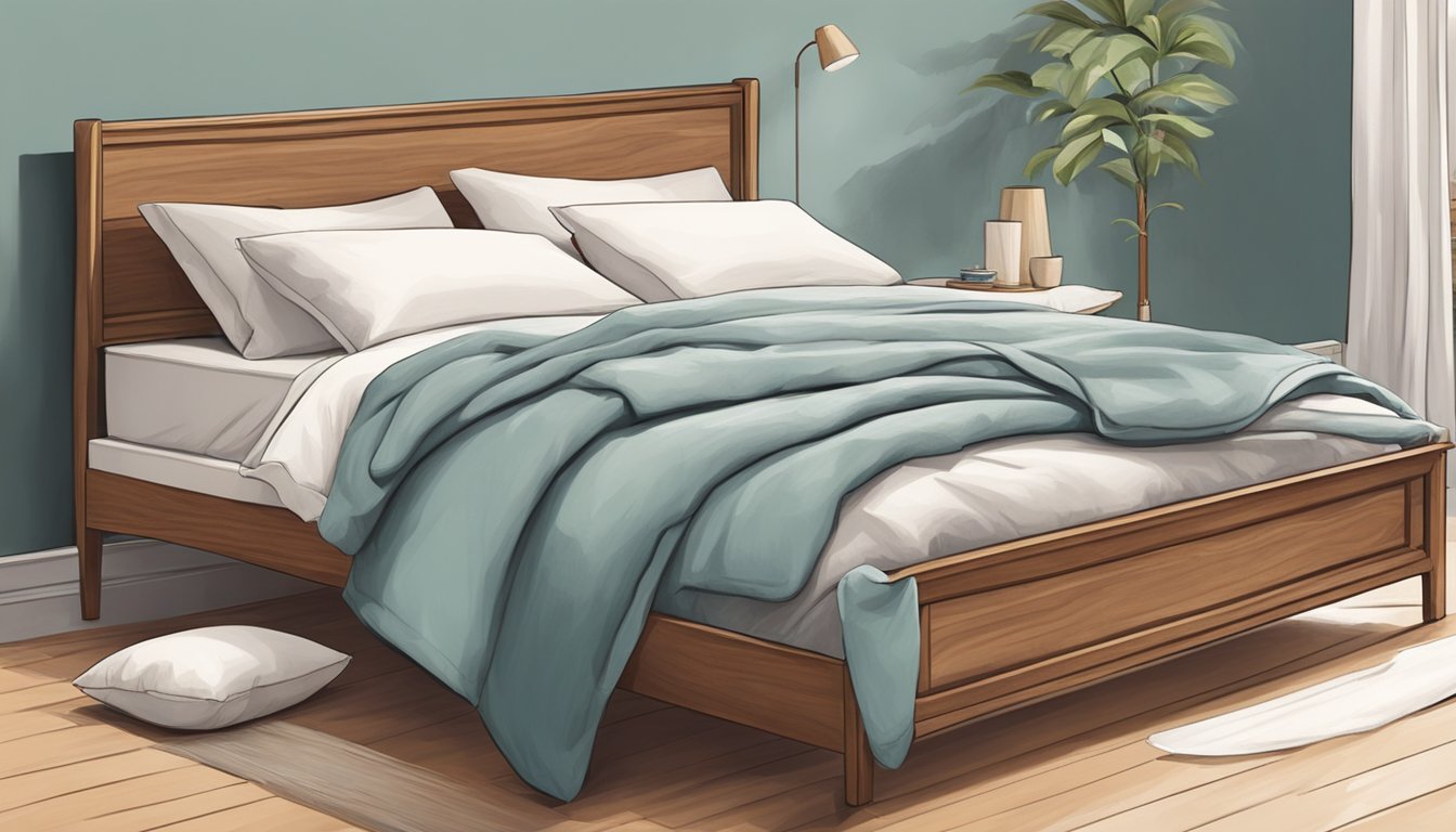 A person carefully oils and polishes their wooden bed frame, fluffing the pillows and arranging the blankets neatly
