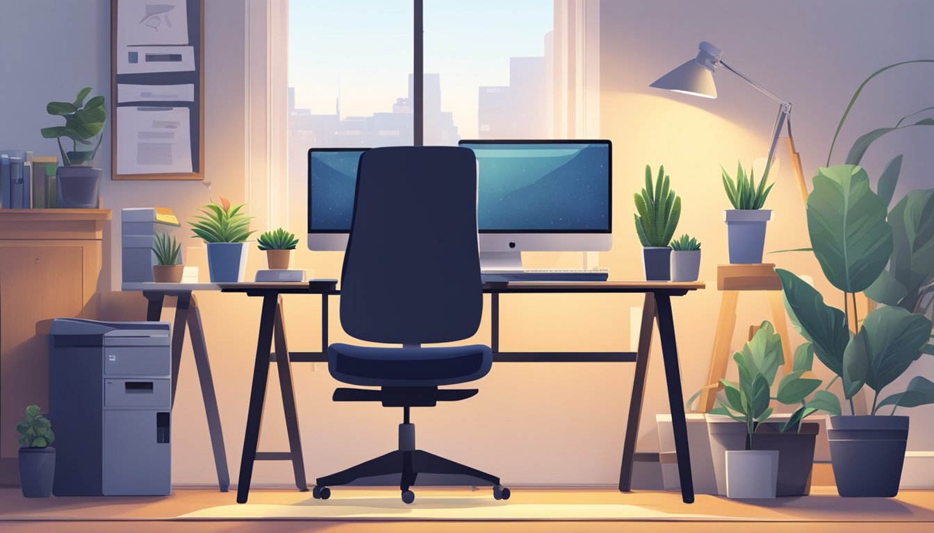 A desk with a computer, printer, and organized supplies. A comfortable chair, good lighting, and a plant add warmth to the space