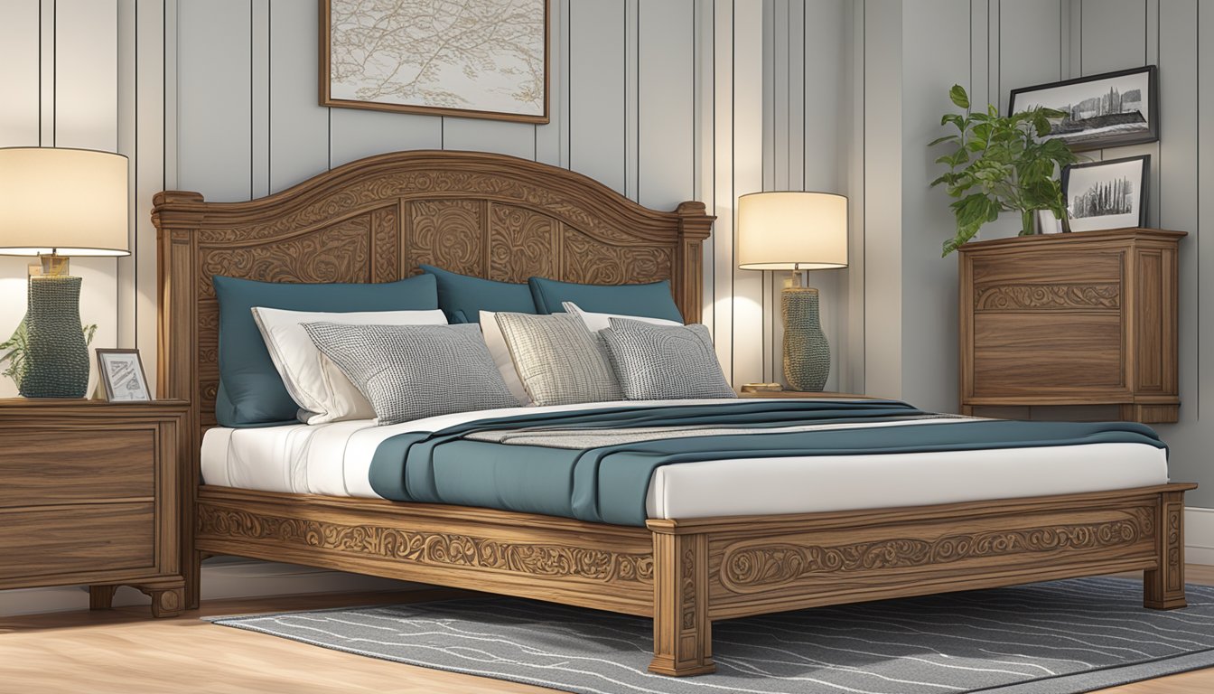 A wooden bed with "Frequently Asked Questions" carved into the headboard