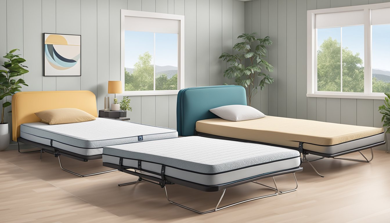 Three foldable mattress options displayed in a room with a bed frame and bedding