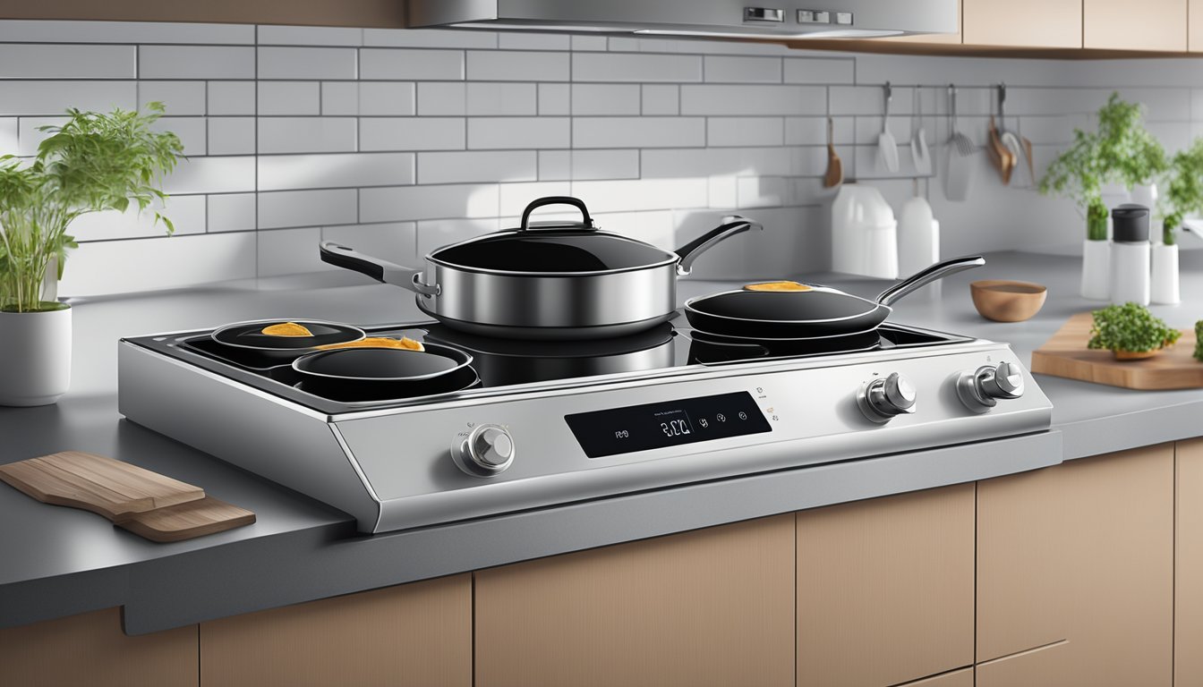 An induction stove with price tag displayed in a modern kitchen setting