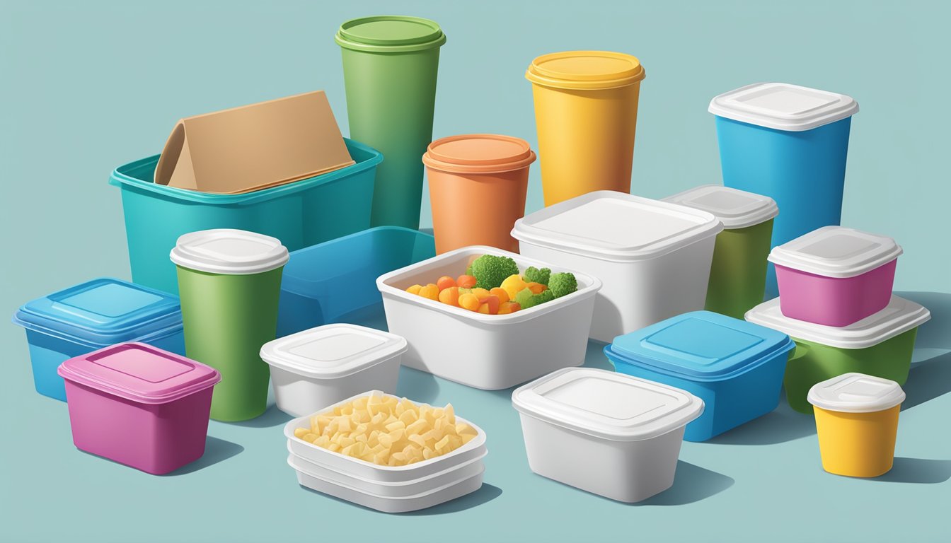Various disposable food containers arranged on a table, including plastic, paper, and foam options. Considerations such as size, shape, and material are evident