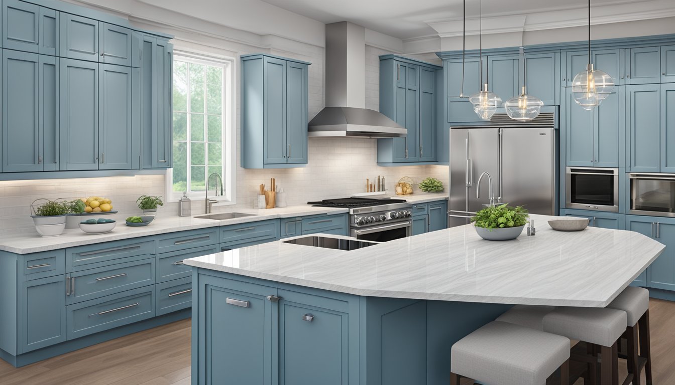 A modern kitchen with an induction stove as the focal point, surrounded by sleek countertops and cabinets. The stove emits a soft blue glow, showcasing its advanced technology