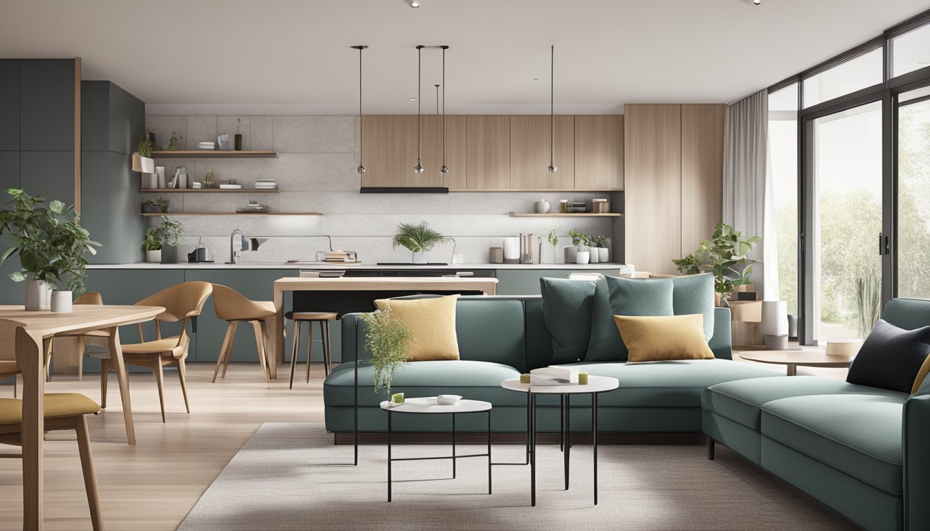 A modern, open-plan living area with sleek, multifunctional furniture, integrated storage solutions, and stylish decor. A seamless blend of form and function