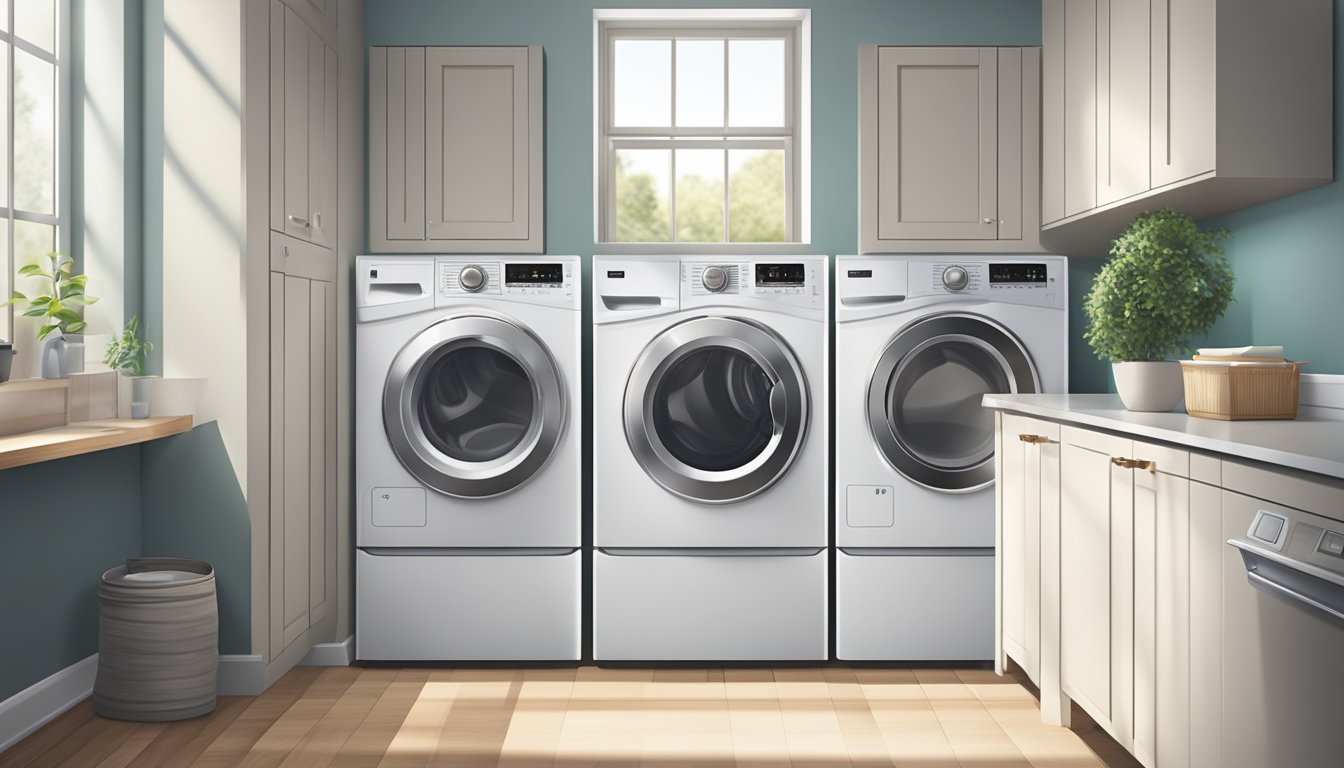 A modern washer and dryer in a clean, well-lit laundry room