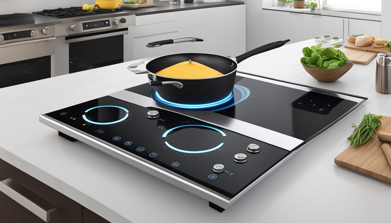 An induction stove sits on a sleek countertop, surrounded by modern kitchen appliances. The price tag is prominently displayed, indicating the investment cost