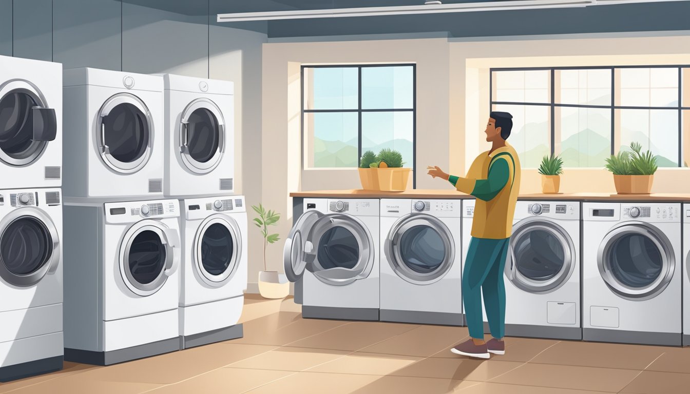 A person comparing different washer and dryer sets in a spacious, well-lit appliance store showroom