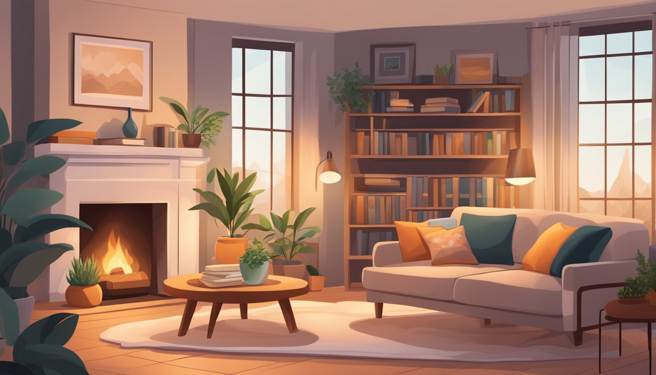Cozy living room with a fireplace, plush sofa, and warm lighting. Books and plants decorate the space, creating a welcoming atmosphere