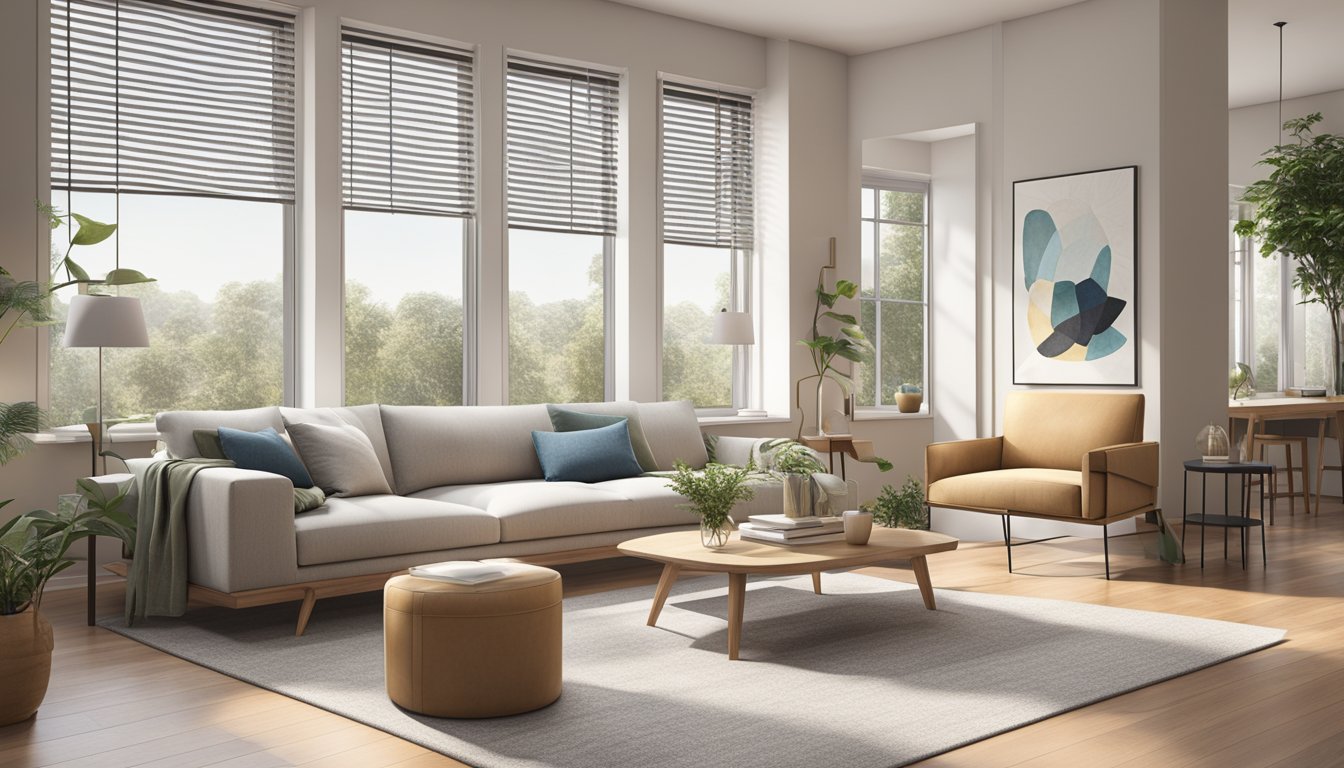 A cozy BTO living room with a neutral color palette, modern furniture, and a large window letting in natural light