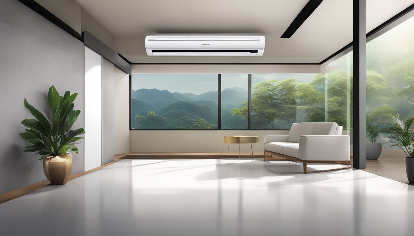 A sleek Mitsubishi air conditioner on display in a modern Singaporean showroom