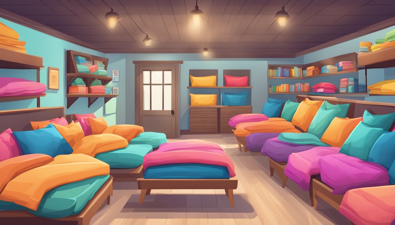 A cozy bed store with rows of neatly made beds, colorful comforters, and inviting pillows. A sign advertises various services and offers