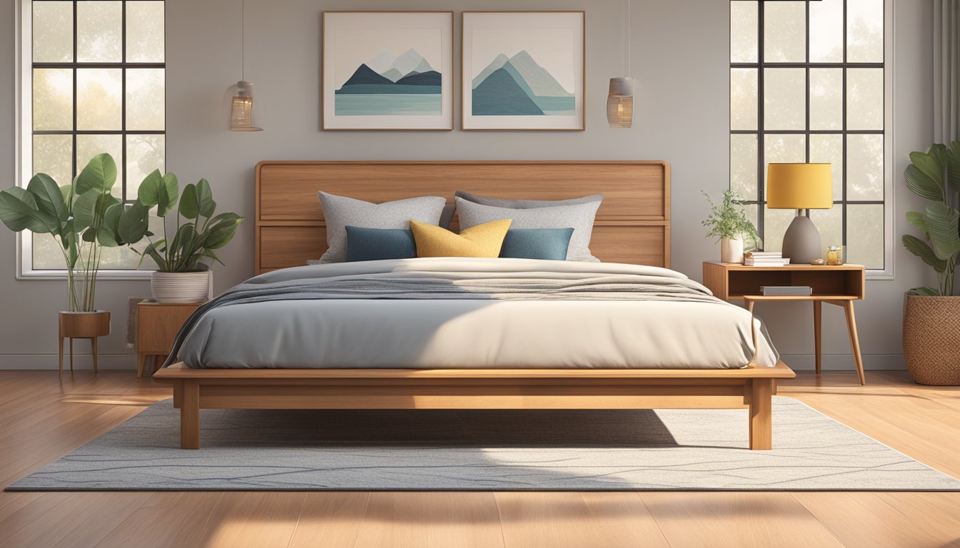 A queen-sized wood bed frame stands in a cozy bedroom, with clean lines and a warm, natural finish