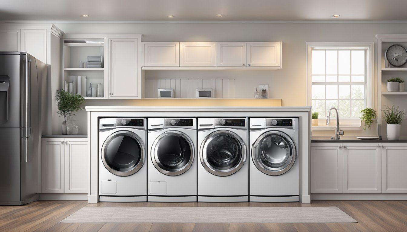 A modern washer and dryer with sleek design and advanced features. Smart technology controls and displays