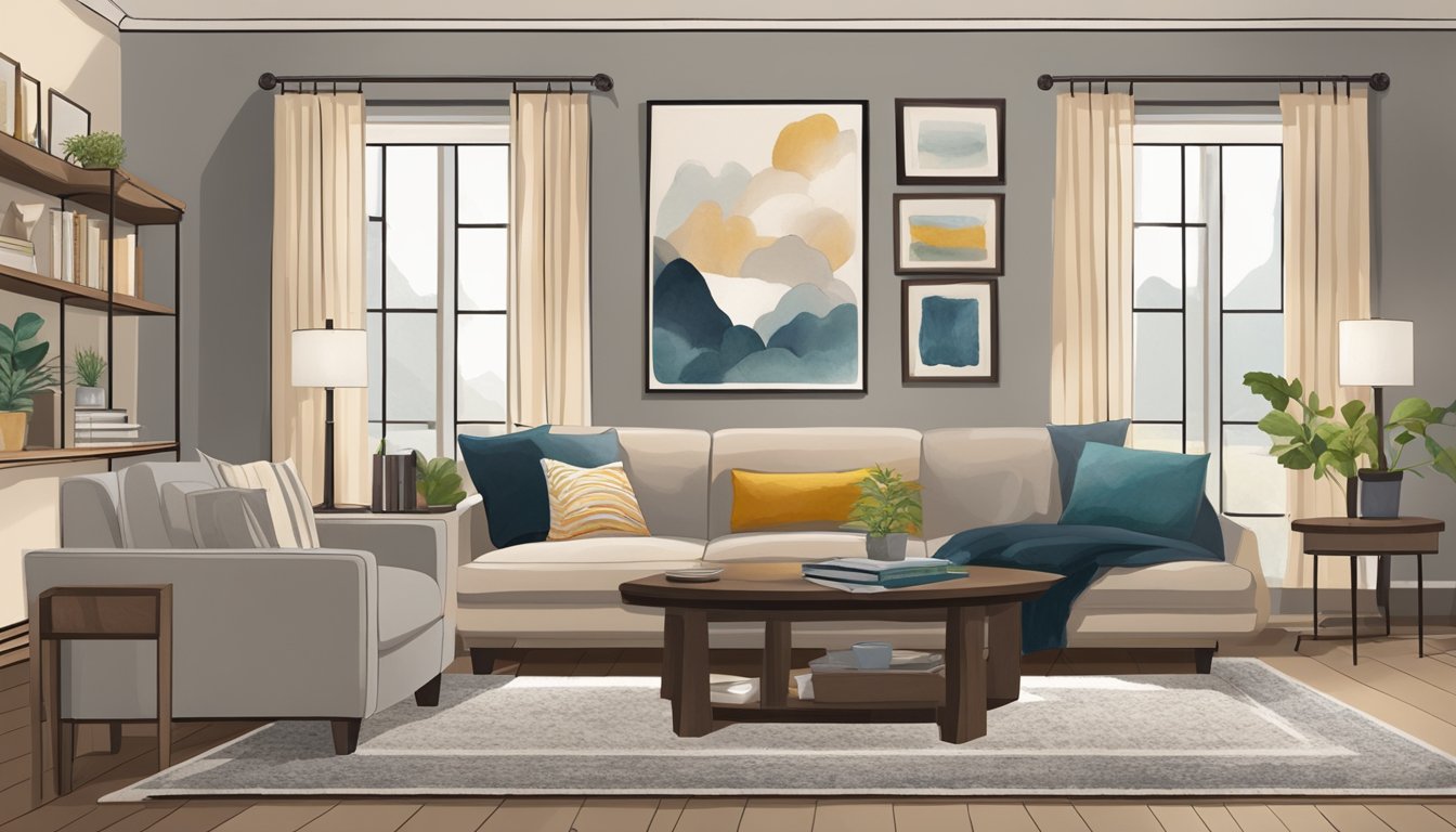 A cozy living room with a plush, beige sofa, a dark wood coffee table, and a soft, grey rug. The walls are painted a warm, neutral tone, and there are pops of color in the form of throw pillows and a vibrant piece