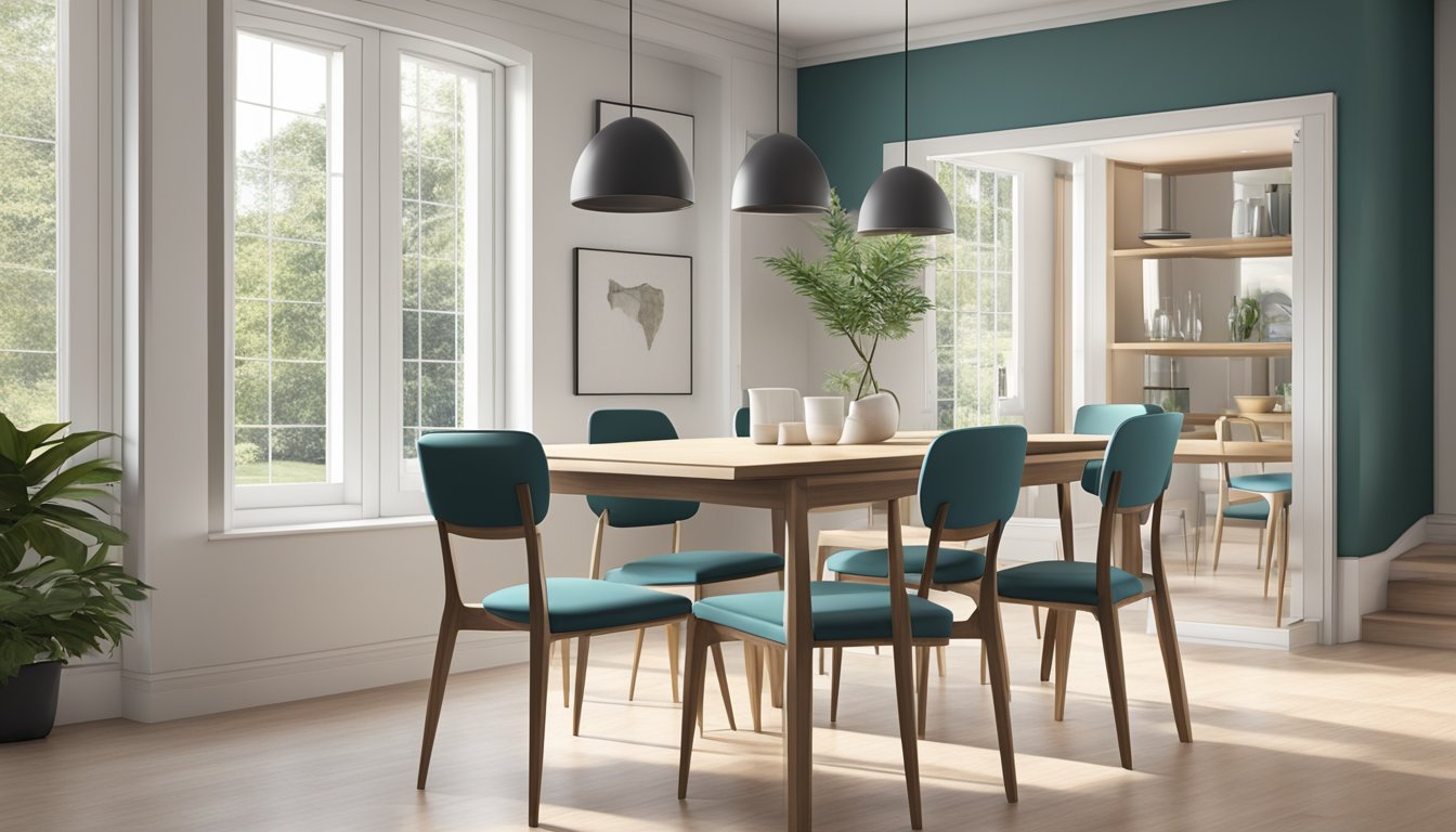 A dining room with a sleek, modern table surrounded by stackable dining chairs neatly arranged in a corner, creating a space-saving and stylish seating solution