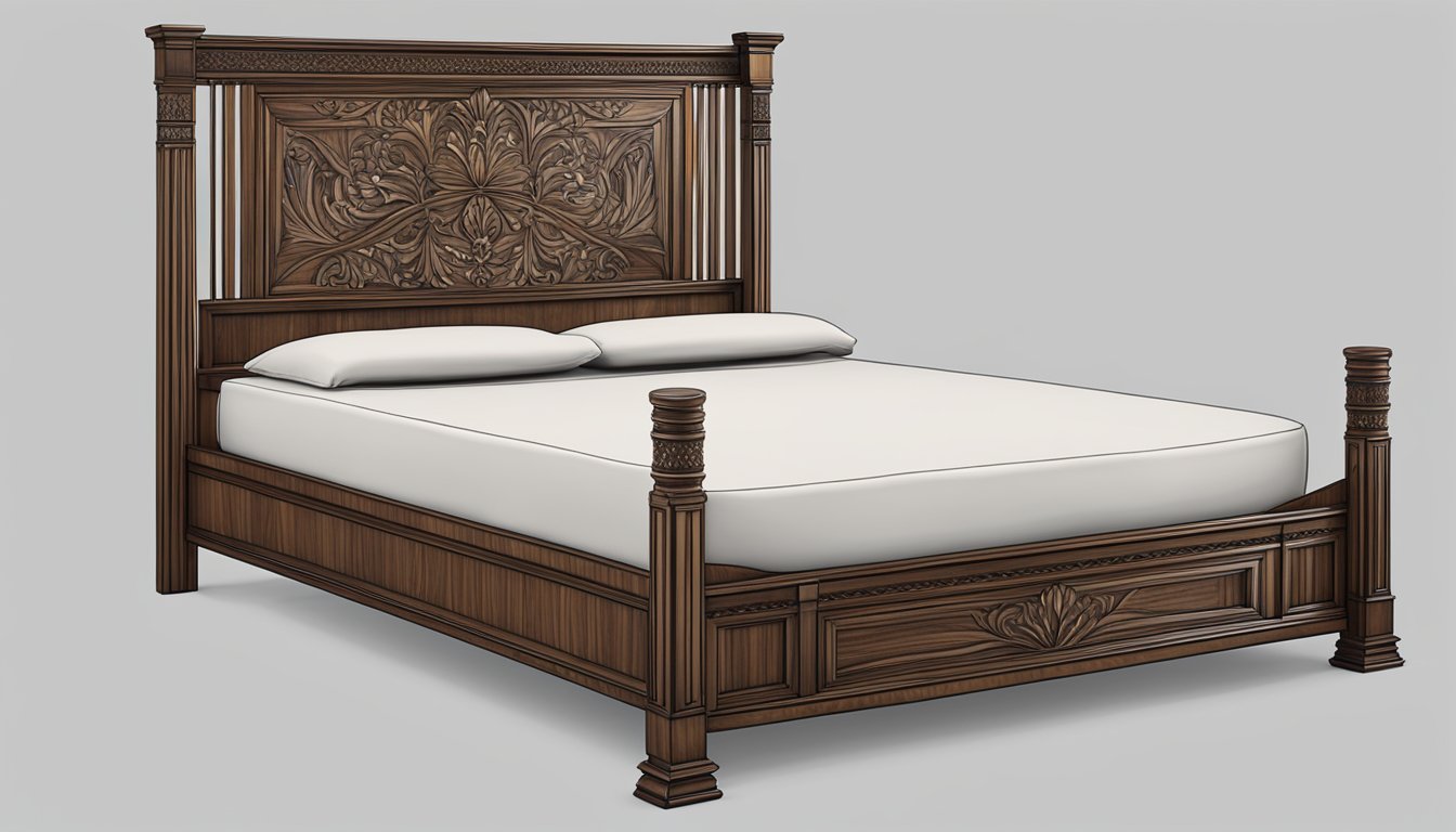 A wood bed frame, queen size, showcases intricate craftsmanship and design details, with smooth, polished surfaces and elegant joinery