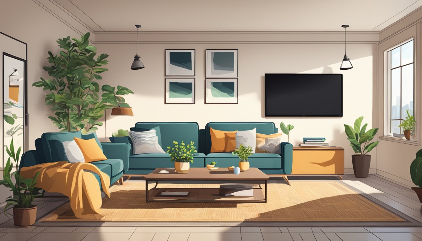 A cozy living room with a large, comfortable sofa, a coffee table with books and a potted plant, and a flat-screen TV mounted on the wall
