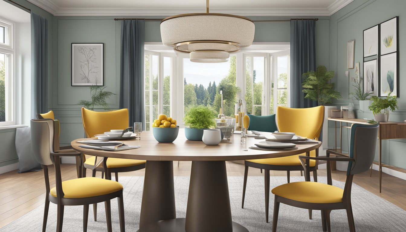 A 150cm round dining table sits in a well-lit room, surrounded by four chairs