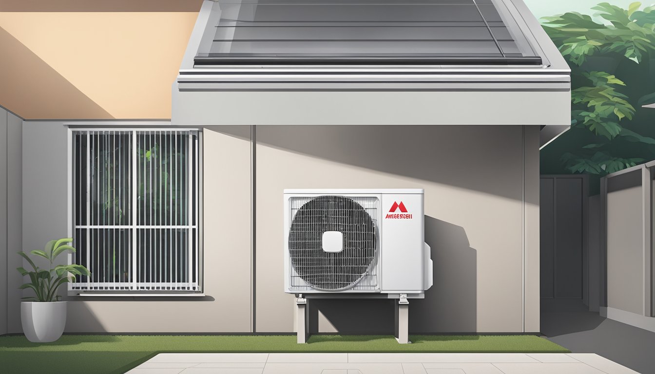 A Mitsubishi air conditioning unit sits against a backdrop of a modern Singaporean home, with sleek lines and a minimalist design. The price tag is prominently displayed, drawing the viewer's attention