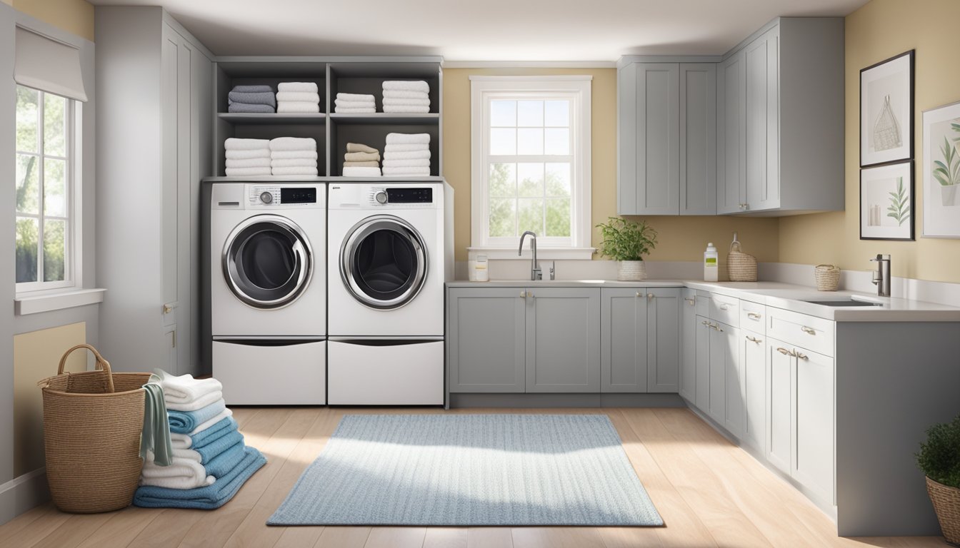 A modern laundry room with a sleek washer and dryer, surrounded by neatly folded towels and laundry detergent