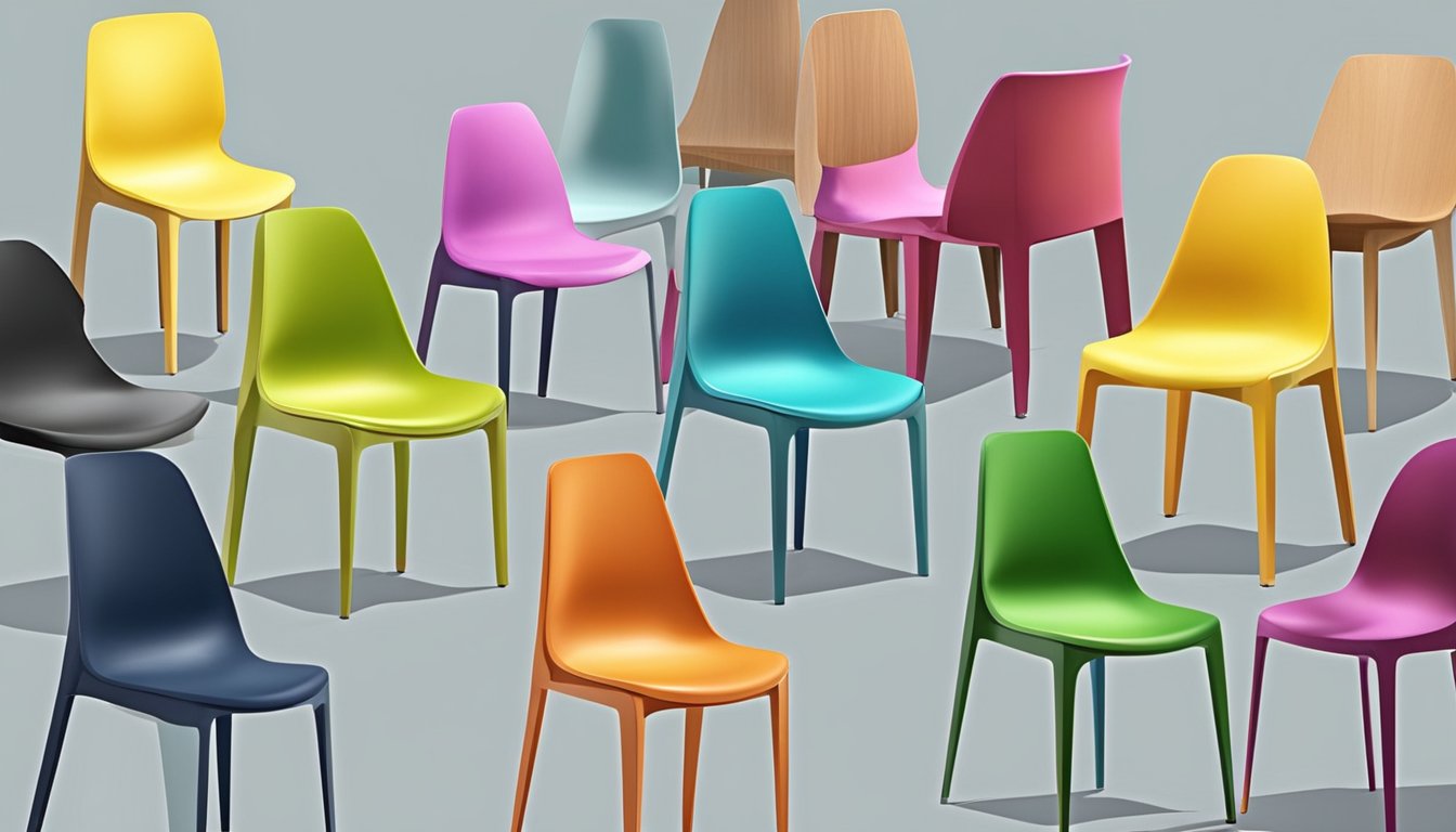 A set of stackable dining chairs arranged neatly in a row, with a sleek and modern design. The chairs are made of durable material and feature a comfortable seating area