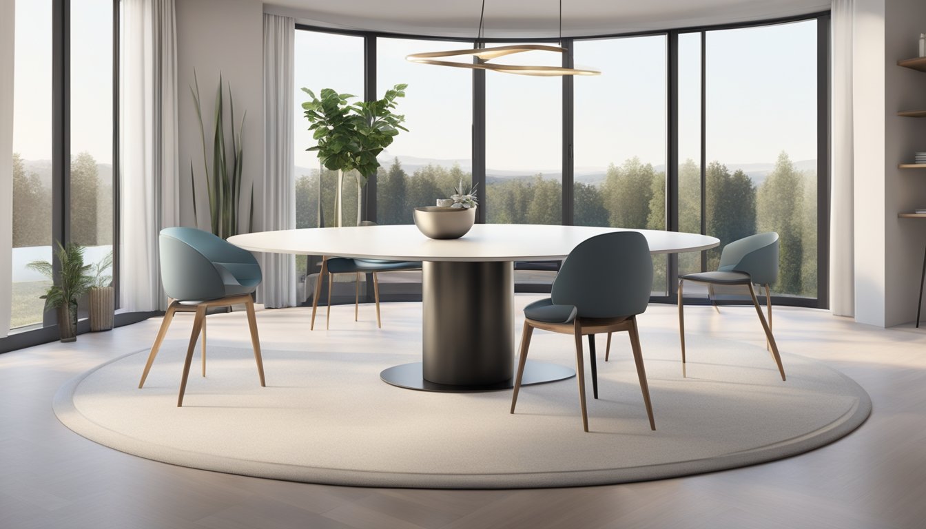 A sleek, modern 150cm round dining table with clean lines and a minimalist aesthetic, set in a bright, spacious room with large windows and contemporary decor