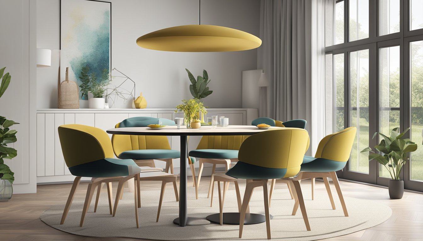 A 150cm round dining table with chairs, set for four, in a well-lit, modern dining room with minimalistic decor