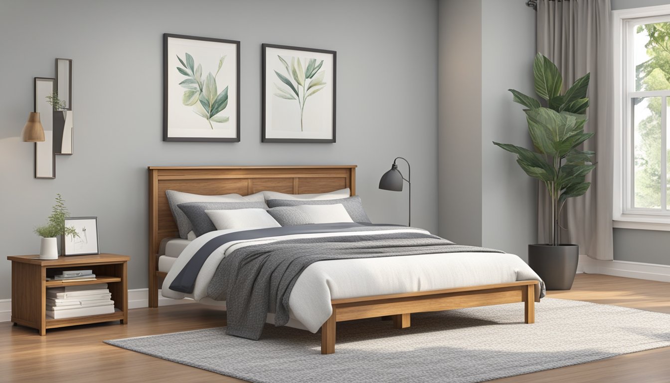 A queen-sized wood bed frame with a headboard and footboard, featuring a clean and simple design. The frame is sturdy and well-crafted, with a smooth finish