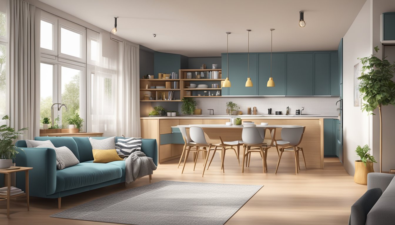 A cozy 2-room flat with space-saving furniture, natural light, and minimalist decor. Open floor plan with a functional kitchen and a comfortable living area